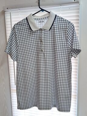 Lands' End White Polo with Navy Windowpane Grid